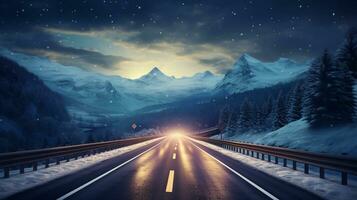 inverno strada nel il montagne a notte con neve e blu cielo generativo ai foto