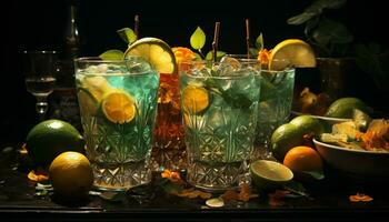 freschezza nel un' bicchiere agrume cocktail con Ghiaccio, lime, e Limone generato di ai foto