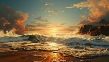 natura onda a tramonto, crepuscolo vernici acqua, sabbia, nube, cielo generato di ai foto