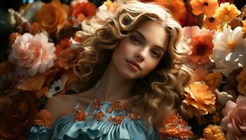 un' bellissimo caucasico donna con biondo capelli e un' fiore generato di ai foto