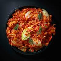 kimchi cavolo su un' piatto - tradizionale coreano cibo stile, su un' nero sfondo, superiore view.generative ai contenuto, foto