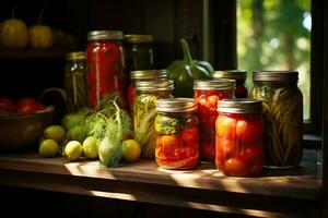 inscatolamento e fermentazione di verdure. sottaceto cetrioli e pomodori nel barattoli nel un' luminosa cucina vicino il finestra. generativo ai contenuto, foto