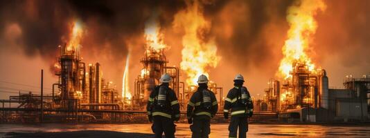 posteriore Visualizza di tre pompiere in piedi contro esplosioni anarge fuoco nel il raffineria. generativo ai foto
