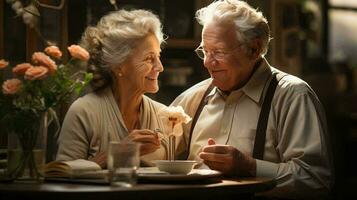 un anziano coppia nel amore, un' uomo e un' donna, siamo seduta a un' tavolo, guardare a ogni altro con amore e sorridente foto