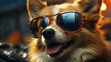 bellissimo soffice corgi cane nel occhiali da sole bugie riposo nel il sole foto