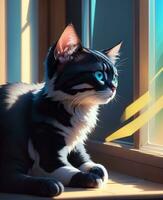 illustrazione di un' animale domestico gatto quello è addormentato di il finestra, ai generato foto