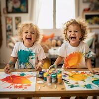 ai generativo carino bambini ridendo insieme e avendo divertimento con vernici. dipinto nel pelle mani. bambino ritratto. creativo concetto. vicino su foto