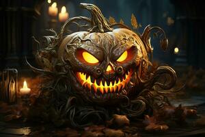 spaventoso curvo zucca Halloween tema ai generativo foto