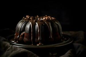 delizioso cioccolato bundt torta sormontato dolce con ganache Smalto su buio sfondo. ai generato. foto