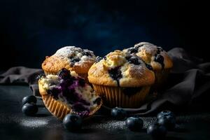 mirtillo muffin con fresco mirtilli su un' tavolo, vicino su, buio sfondo. un' delizioso dolce o prima colazione. ai generato. foto