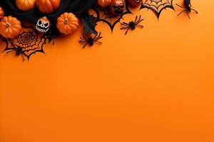 contento Halloween piatto posare modello con zucche, ragni e ragnatela su arancia sfondo. autunno vacanza concetto composizione. superiore Visualizza con copia spazio. generato ai. foto