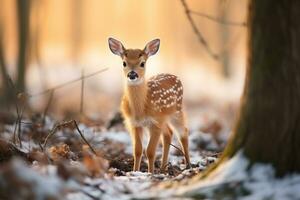 un' cerbiatto nel il inverno foresta avvicinamento. simbolo di nuovo anno vacanze foto