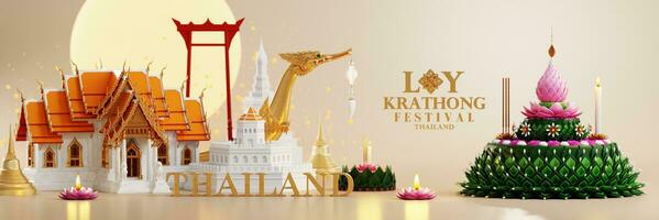 3d interpretazione illustrazione loy Krathong Festival e yi peng Festival nel Tailandia Krathong a partire dal Banana foglie, fiori, candele e incenso bastoni, Luna piena, fiume, e notte sfondo colore. foto