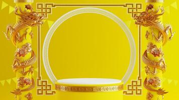 3d illustrazione Cinese vegetariano Festival, nove imperatore di Dio Festival, parente j, 3d prodotti podio con giallo e Cinese dettaglio elementi su sfondo colore . foto