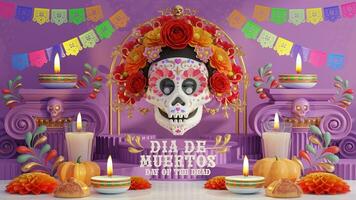 3d interpretazione illustrazione per giorno di il morto, dia de muertos altare concetto. composizione di carino zucchero teschi, bianca candele, calendula fiori di il morto. 3d illustrazione. foto