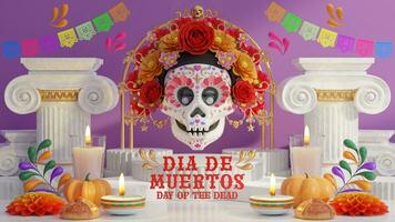 3d interpretazione illustrazione per giorno di il morto, dia de muertos altare concetto. composizione di carino zucchero teschi, bianca candele, calendula fiori di il morto. 3d illustrazione. foto