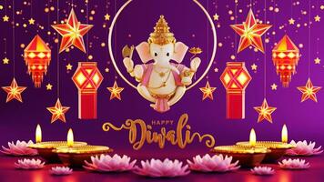 3d interpretazione per Diwali Festival diwali, Deepavali o dipavali il Festival di luci India con oro diya fantasia su colore sfondo. foto