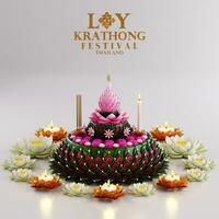 3d interpretazione illustrazione loy Krathong Festival e yi peng Festival nel Tailandia Krathong a partire dal Banana foglie, fiori, candele e incenso bastoni, Luna piena, fiume, e notte sfondo colore. foto
