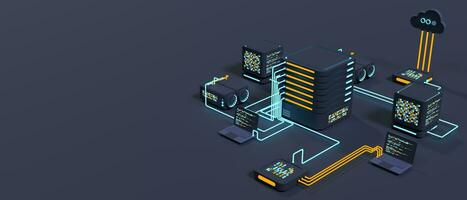 computer tecnologia 3d illustrazione. calcolo di grande dati centro. nube informatica. in linea dispositivi caricare e Scarica informazione. moderno 3d illustrazione. 3d interpretazione foto