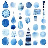 ai generato collezione di mano disegnato forme con blu acquerello disegni, macchie, astratto design elementi foto