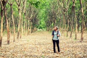 bella giovane donna che porta zaino a piedi nella foresta foto