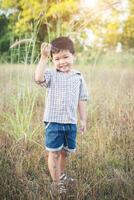 felice piccolo ragazzo asiatico che gioca all'aperto. carino ragazzo asiatico sul campo. foto