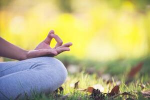 giovane donna asiatica che fa yoga nel parco? foto