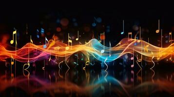 immagine di astratto musica sfondo con Appunti e bokeh luci, illustrazione musica icona canzone tempo ondulato forma generativo ai foto