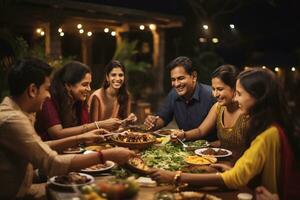 indiano famiglia avendo cena insieme a casa nel il sera, India su bokeh sfondo generativo ai foto