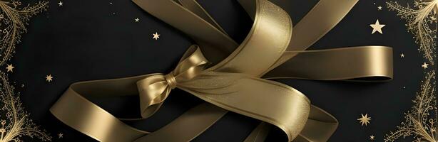un elegante Natale saluti bandiera con d'oro turbine nastri con grazia avvolgimento in giro splendente stelle su un' ricco nero sfondo foto