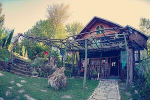 di legno Villetta Casa tradizionale naturale nel il foresta con giardino foto