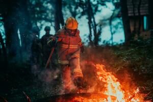 pompiere eroe nel azione Pericolo salto al di sopra di fuoco fiamma per salvare e Salva foto