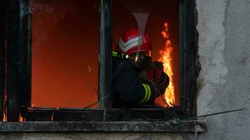 pompiere eroe trasporto bambino ragazza su a partire dal ardente edificio la zona a partire dal fuoco incidente. salvare persone a partire dal pericoloso posto foto