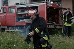 depresso e stanco pompiere vicino fuoco camion. foto