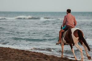 un' moderno uomo nel estate Abiti gode equitazione un' cavallo su un' bellissimo sabbioso spiaggia a tramonto. selettivo messa a fuoco foto
