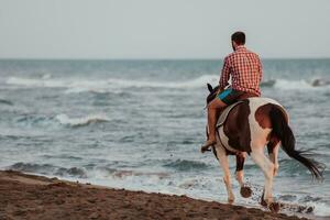 un' moderno uomo nel estate Abiti gode equitazione un' cavallo su un' bellissimo sabbioso spiaggia a tramonto. selettivo messa a fuoco foto