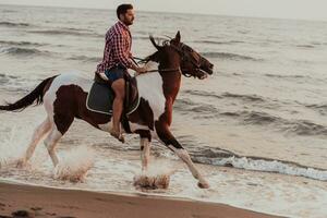 un' moderno uomo nel estate Abiti gode equitazione un' cavallo su un' bellissimo sabbioso spiaggia a tramonto. selettivo messa a fuoco foto