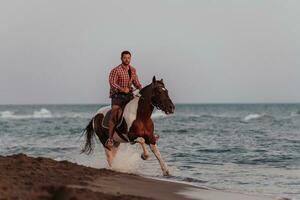 un' moderno uomo nel estate Abiti gode equitazione un' cavallo su un' bellissimo sabbioso spiaggia a tramonto. selettivo messa a fuoco foto