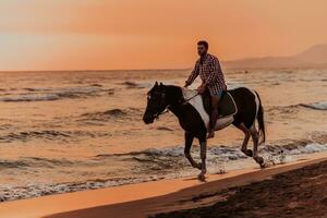 un' moderno uomo nel estate Abiti gode equitazione un' cavallo su un' bellissimo sabbioso spiaggia a tramonto. selettivo messa a fuoco foto