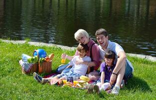 contento famiglia giocando insieme nel un' picnic all'aperto foto