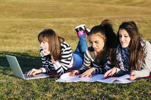 gruppo di adolescenti Lavorando su il computer portatile all'aperto foto