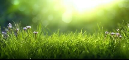 lussureggiante verde erba su prato nel mattina luce, primavera estate all'aperto avvicinamento, copia spazio, largo formato. un' bellissimo artistico raffigurazione di il purezza e freschezza di natura. ai generato foto