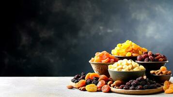 salutare cibo spuntini, naturale secco frutta mescolare nel ciotole su bianca sfondo. ai generato foto