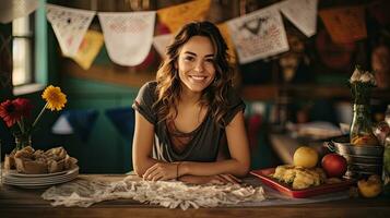 ritratto bellissimo donna con tacos su il tavolo ai generativo foto