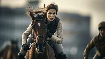 ritratto donna equitazione un' cavallo nel un' gara ai generativo foto