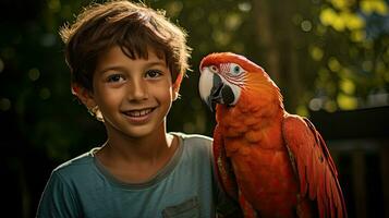 ritratto bambini con pappagallo nel il zoo con leggero esposizione ai generativo foto