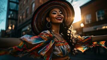 ritratto ragazza indossare sombrero danza su il strada di città ai generativo foto