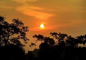 grande rosso sole era crescente su un' nebbioso inverno mattina. il atmosfera è caldo e romantico. esso è un' immagine visto su un' freddo e leggermente freddo giorno con un' molto romantico atmosfera. foto