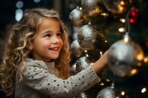 allegro giovane ragazza decorazione il Natale albero. Natale atmosfera a accogliente casa interno. ai generativo foto