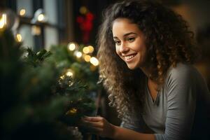 allegro giovane donna decorazione il Natale albero. Natale atmosfera a accogliente casa interno. ai generativo foto